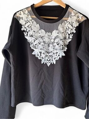 Black Women's Long Sleeve Top with White Lace Applique